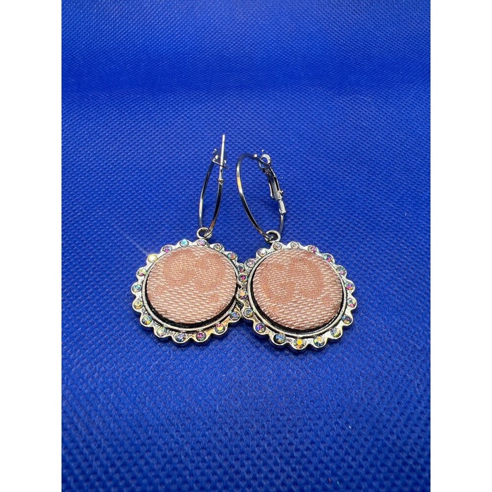 Up Cycled designer logo drop Earrings, beige embossed leather center